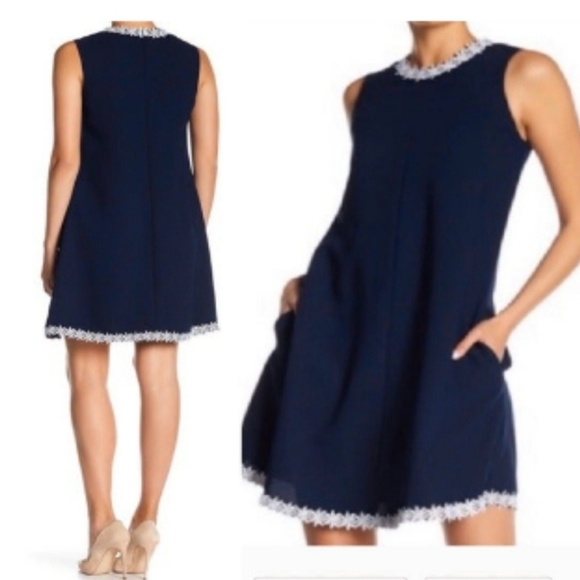 NWT Nanette Lepore navy blue swing with white floral lace trim - Picture 4 of 8